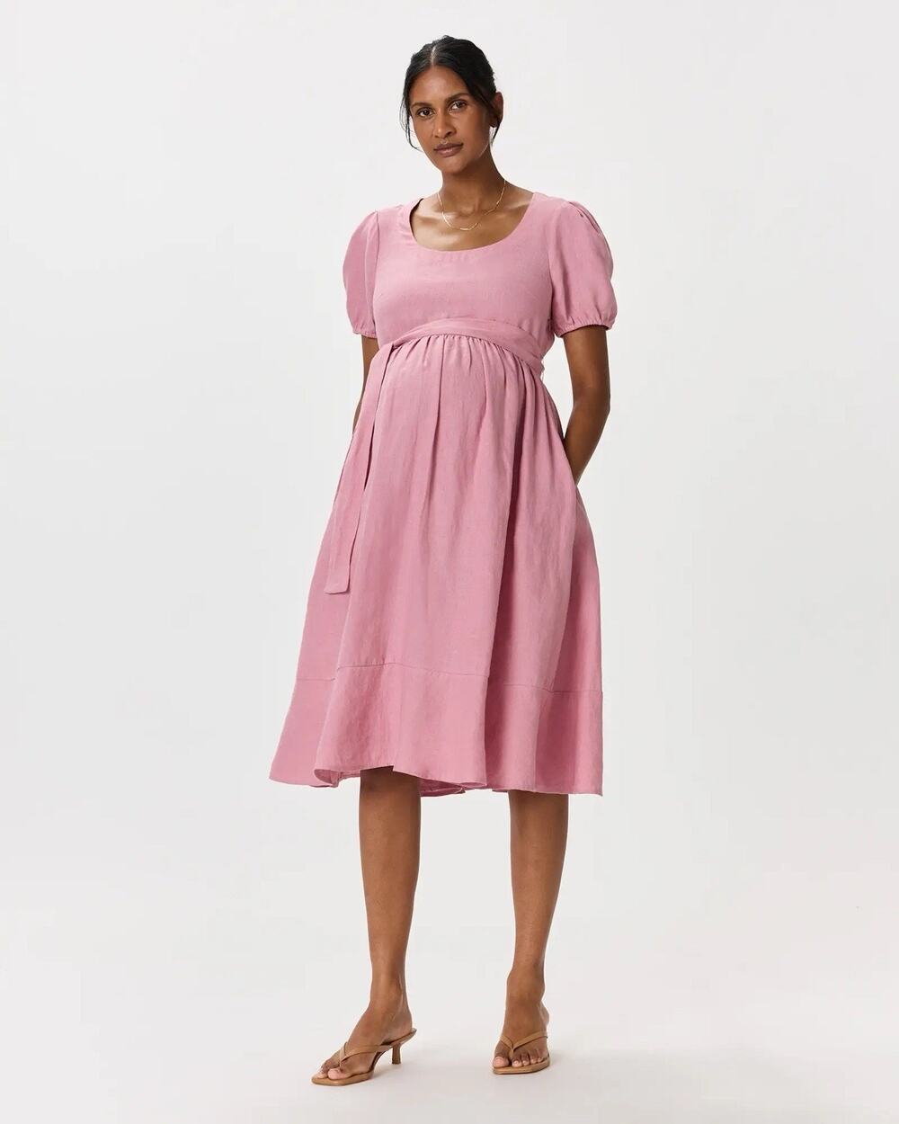Quince 100% European Linen Maternity Short Sleeve Midi Dress Mauve Pink
